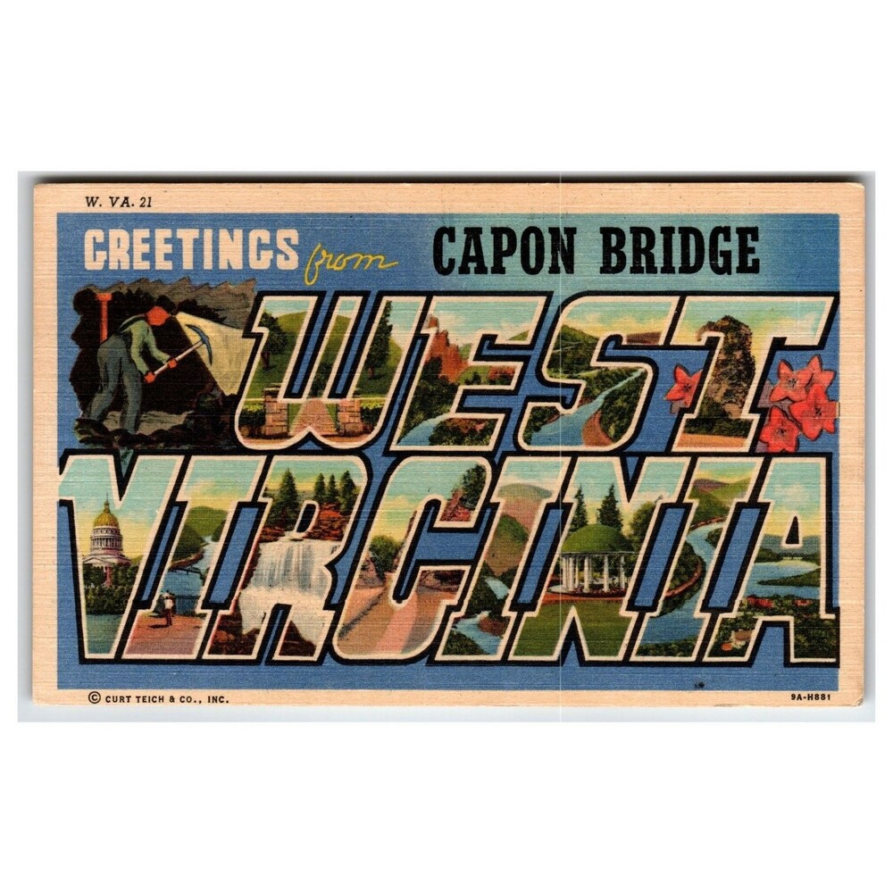 Capon Bridge West Virginia Large Letter Linen Postcard 1939 State Capitol